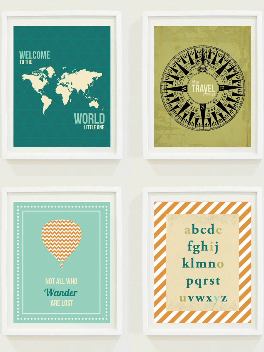 Nursery Prints: Around The World - Travel Nursery - Alphabet - Hot Air Balloon-Compass-Not All Who Wander Are Lost-Home Decor-Gallery Wall - #11301