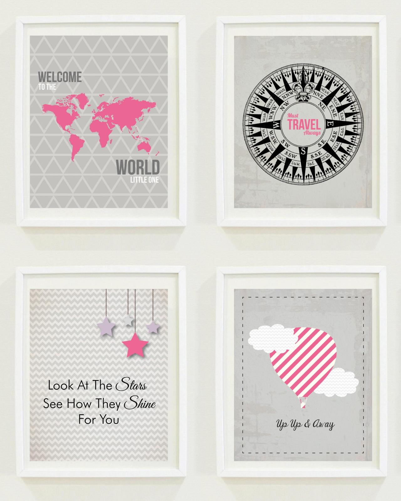 Nursery Prints: Around The World - Travel Nursery - Alphabet - Hot Air Balloon-compass- Not All Who Wander Are Lost-home Decor-gallery Wall -