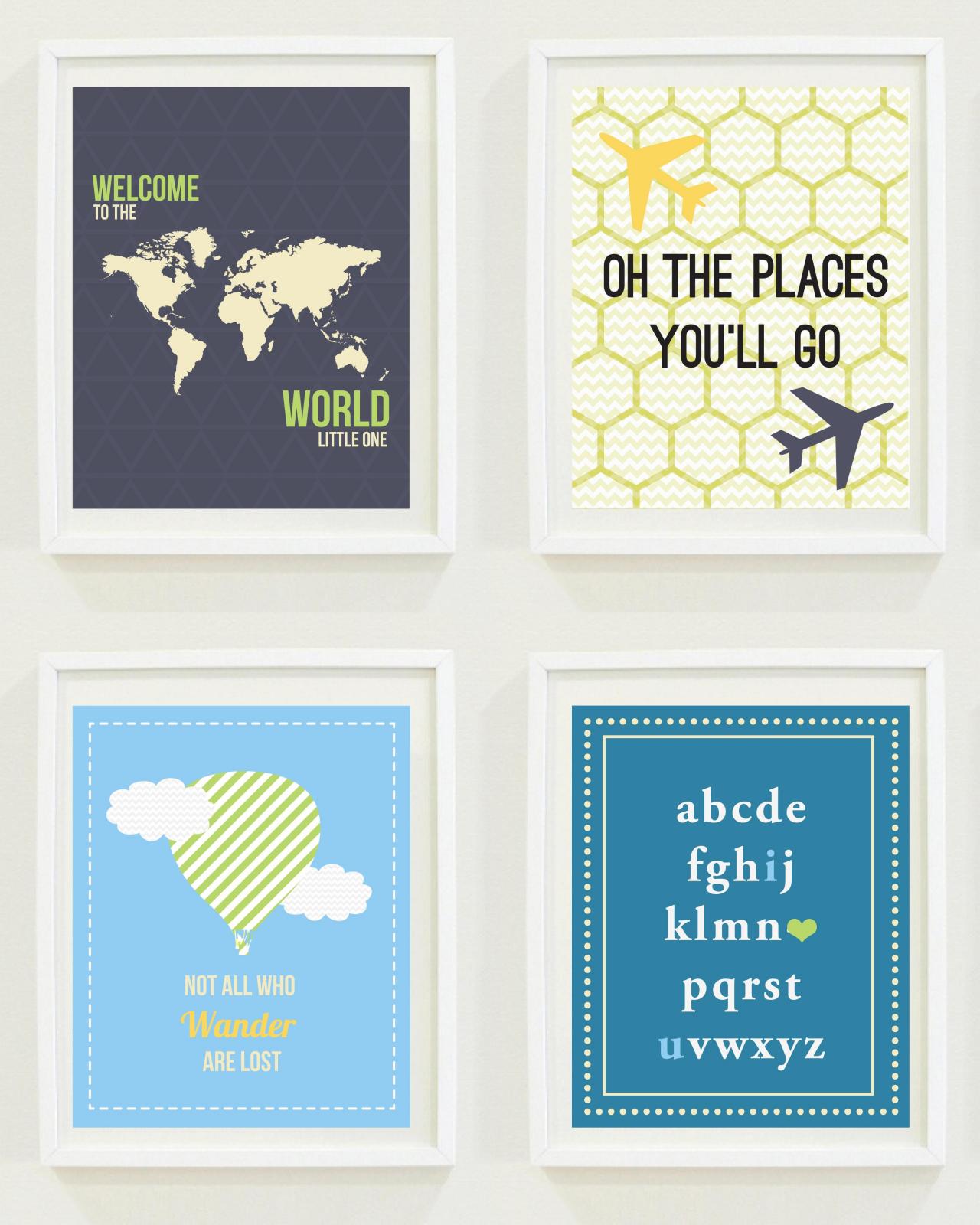 Nursery Prints: Around The World - Travel Nursery - Alphabet - Hot Air Balloon-compass-not All Who Wander Are Lost - Home Decor-gallery Wall-