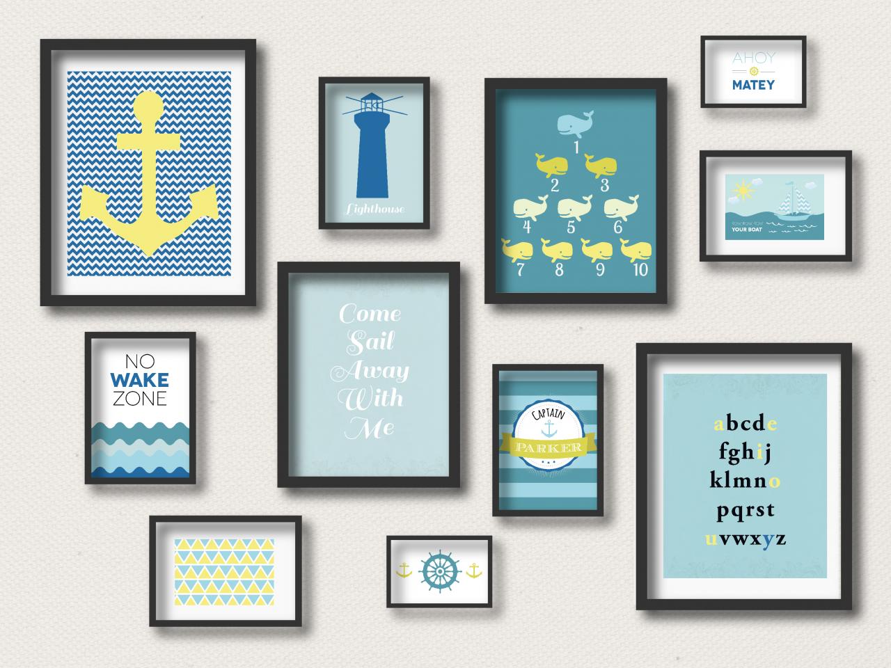  Nursery Prints : Nautical Gallery Wall - Nautical Art Prints - Anchor- Sail Away-Row Your Boat- Ahoy- Whales- Digital 