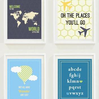 Nursery Prints: Around The World - Travel Nursery - Alphabet - Hot Air Balloon-Compass-Not All Who Wander Are Lost - Home Decor-Gallery Wall- #11201